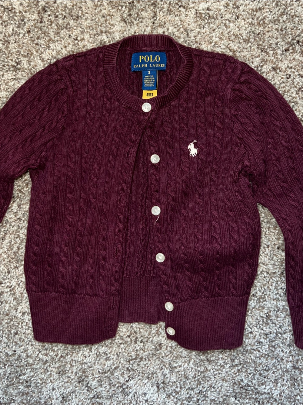 Ralph Lauren Polo Burgundy Maroon Cable Knit Button Sweater Cardigan 3T